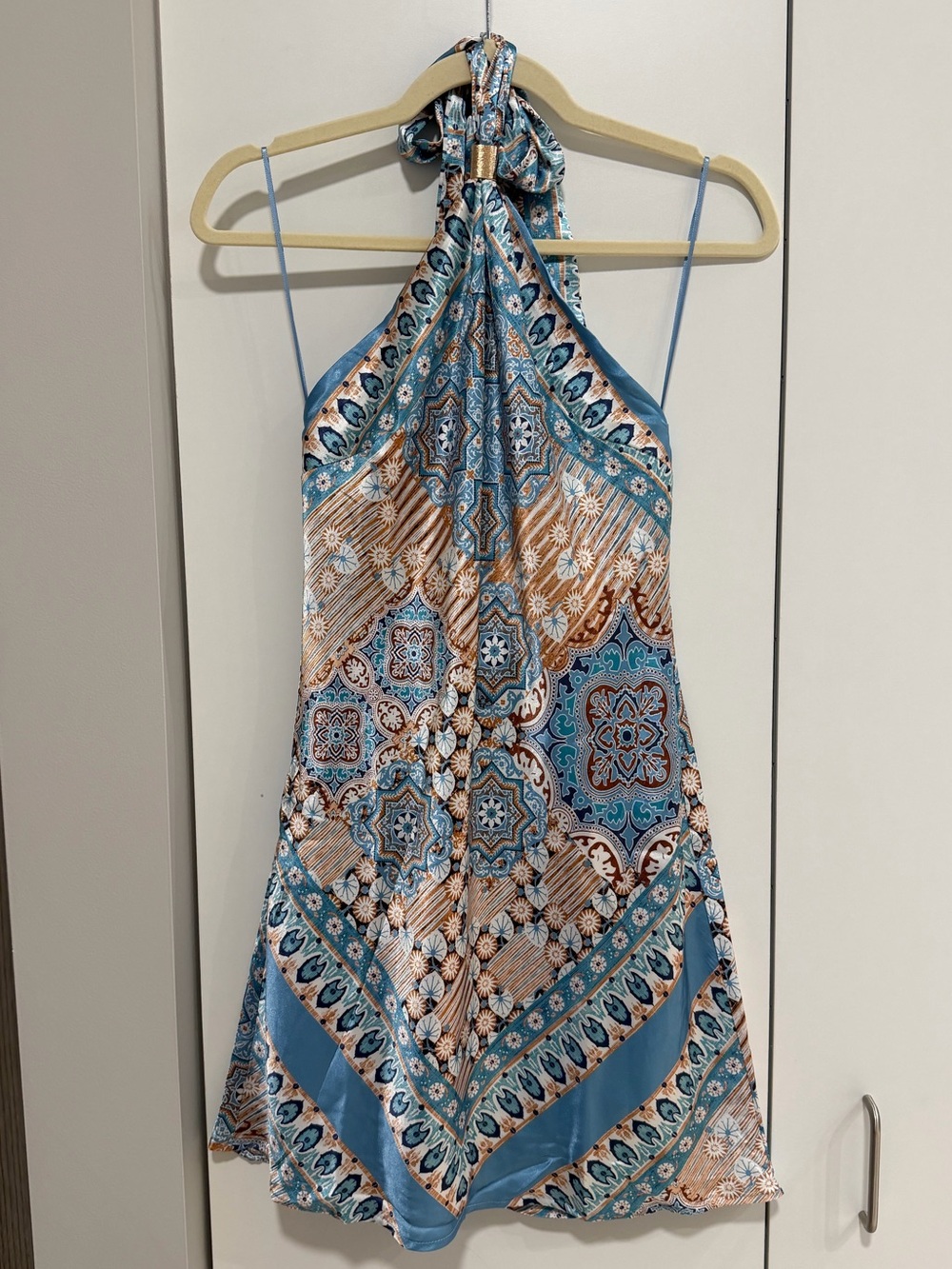 Thirty Thirty Paisley Halter Mini Dress Blue Tan S NWT - Picture 10 of 10